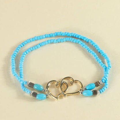 Elastic Beaded Ankle Bracelets for Women Double Heart Layered Stretch Ankle Bracelets Waterproof Dainty Boho Beaded Anklets for Summer Beach Foot Jewelry - color: Blue Gold