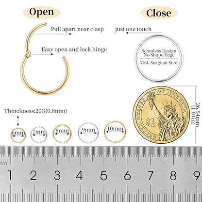 10Pcs 18G 20G Surgical Steel Nose Rings Hoops for Women Men Hinged Seamless Clicker Nose Hoops Cartilage Helix Tragus Daith Sleeper Earrings Hoop Hypoallergenic Nose Piercing 6/7/8/9/10MM - color: silver and gold, size: 20G
