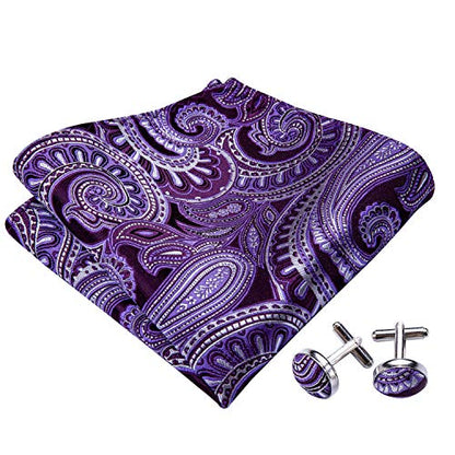 YOHOWA Bow Ties for Men Self-tied Silk Bowtie Solid Color with Lapel Pin and Handkerchief Cufflinks for Wedding Party Prom - color: Purple White