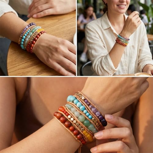 YGLINE Natural Stone Wrap Bracelet for Women Boho Bracelets Healing Crystal Beaded Bracelet Adjustable 3/5 Wraps Bracelet Handmade Birthday Gifts for Women - color: chakra beads