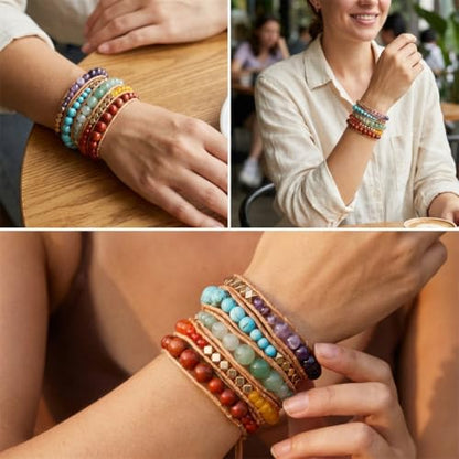YGLINE Natural Stone Wrap Bracelet for Women Boho Bracelets Healing Crystal Beaded Bracelet Adjustable 3/5 Wraps Bracelet Handmade Birthday Gifts for Women - color: chakra beads