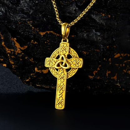 Celtic Cross Necklace For Men ，18K Gold Plated Celtic Cross Celtic Amulet Necklace Protection Jewelry Religious Gifts with 2.5mm 22"+2" Adjustable Rolo Chain - style: style6