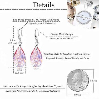 Austrian Crystal Teardrop Dangle Hook Earrings for Women 14K Gold Plated Hypoallergenic Jewelry - color: Pink