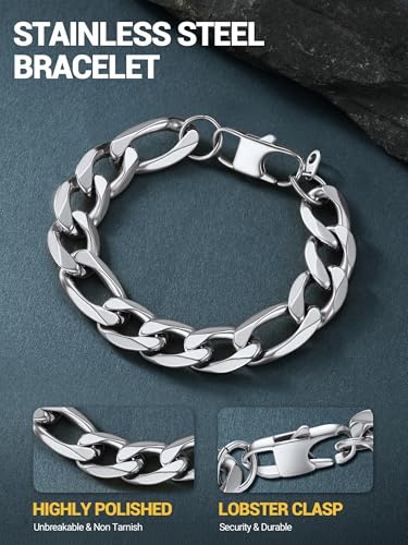PROSTEEL Bracelets for Men, Figaro/Cuban Mens Bracelet, Silver/Gold/Black | 6/9/13mm Width, 7.5/8.3/9" Length, Stainless Steel Mens Bracelet, Durable & Non Tarnish, Chunky Jewelry with Gift Box - style: C 13mm-Figaro-Sliver