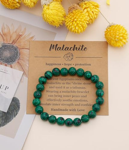 BOMAIL Natural Stone Beaded Bracelet for Women Men | 8mm Round Beads,Healing Crystal,Semi-Precious Gemstone,Yoga,Stretch,Bracelets Jewelry Gift - color: Malachite