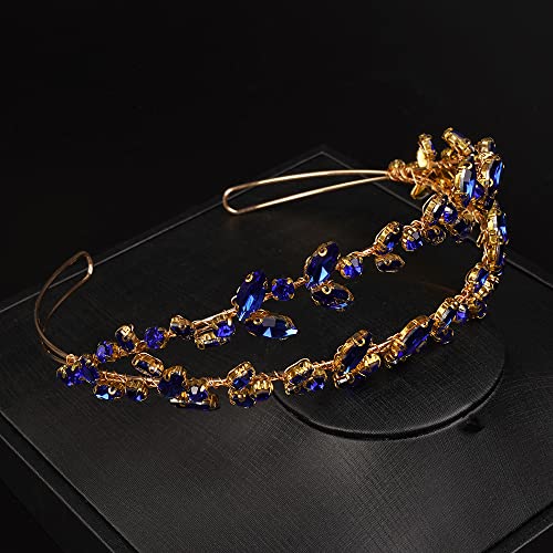 JWICOS Crystal Wedding Headband Tiara Bridal Rhinestone Headpiece Wedding Hair Accessories Tiara for Women and Girls (Blue Gold) - color: Blue Gold