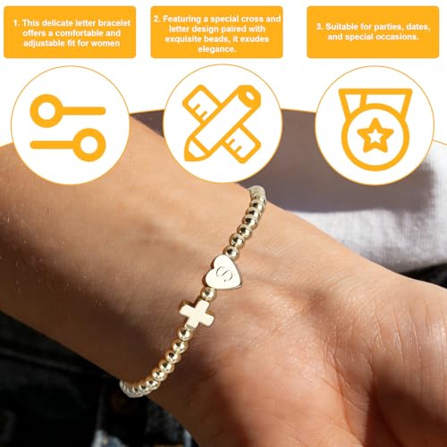 Mikovivi Women's Cross Bracelet with Initial Beads, Elastic Heart Alphabet Charm Stackable Beaded Bracelet Religious Christian Jewelry Gift - style: Letter S