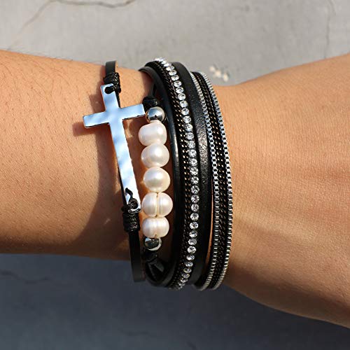 Vercret Leather Wrap Bracelet for Women, Multi-Layer Cuff Bangle | Boho Stacked Bracelets with Safe Clasp Western Bangle Jewelry Gift for Lady and Mom Sister Friend - style: Pearl Cross Black