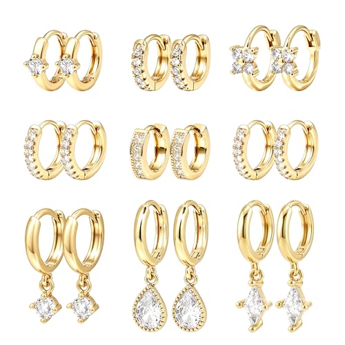 Wgoud 12 Pairs Small 14K Gold Plated Chunky Hoop Earrings for Women Hypoallergenic Lightweight Gold/Silver Hoop Earring Set for Sensitive Ears Trendy Cartilage Huggie Hoops Stacks for Multiple Piercing Jewelry - color: Gold-9 pairs
