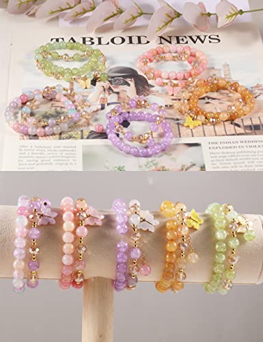 10Pcs Beaded Crystal Bracelets for Women, Bohemian Stackable Bead Bracelets with Butterfly Charm Multilayered Bracelet Pack Handmade Jewelry