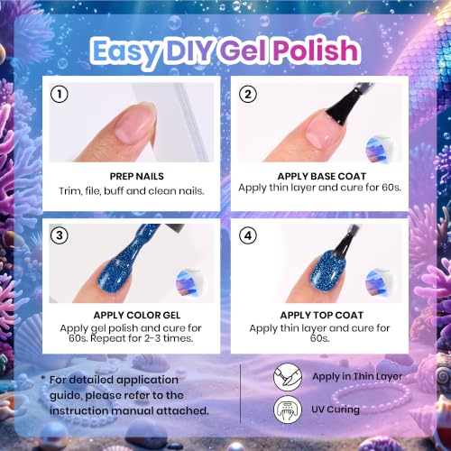 Beetles Glitter Gel Nail Polish Set, Siren Scale Shimmer Gel Polish | 6 Color Blue Pink Purple Colors with Rhinestones for Mermaid-Style Nail Art UV Led Soak-Off Manicure - color: Siren Scales