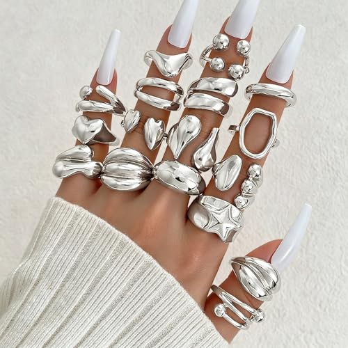 Chunky Rings for Women Non Tarnish 14k Stackable Dome Statement Rings Sets Vintage Dainty Knuckle Open Midi Finger Rings Jewelry Pack Gifts - style: Silvery 17 pieces