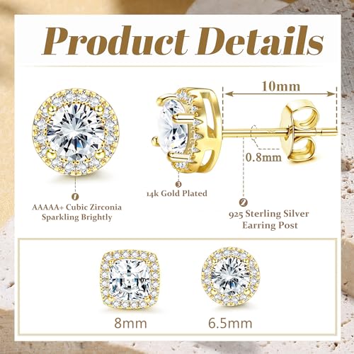 18K Gold Plated Halo Stud Earrings 925 Sterling Silver Cubic Zirconia Stud Earrings Round Square Diamonique Stud Earrings Set for Women Men - color: Gold1