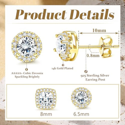 18K Gold Plated Halo Stud Earrings 925 Sterling Silver Cubic Zirconia Stud Earrings Round Square Diamonique Stud Earrings Set for Women Men - color: Gold1