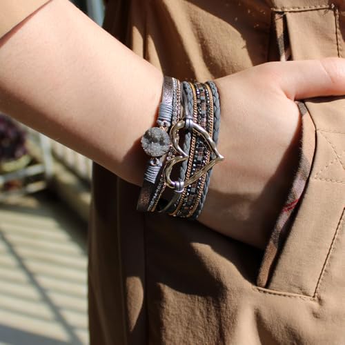 Womens Love Heart Leather Wrap Bracelet Multi-layer Stacked Bangle | Magnetic Clasp Soft PU Leather Resin Stone Rhinestone Boho Style Birthday Valentine Christmas Bohemian Jewelry Gift - color: Dark Grey