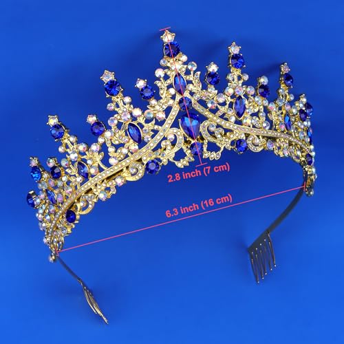 COCIDE Blue Crowns fpr Women Blue Tiaras for Women Royal Crown Hair Accessories Princess Halloween Cosplay Birthday Pageant Bride Headpieces Wedding Bridal - color: V3,Blue&Gold