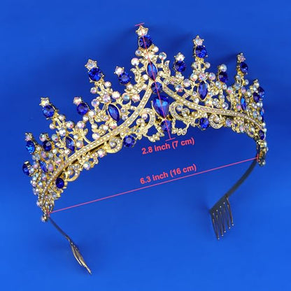 COCIDE Blue Crowns fpr Women Blue Tiaras for Women Royal Crown Hair Accessories Princess Halloween Cosplay Birthday Pageant Bride Headpieces Wedding Bridal - color: V3,Blue&Gold