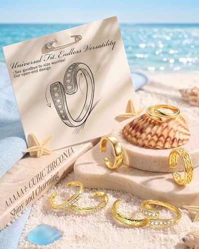 9PCS Toe Rings for Women Non Tarnish - Adjustable 14K Gold Filled Toe Ring | Silver Dainty Open CZ Toe Rings Set,Waterproof Summer Beach Foot Jewelry - color: Gold