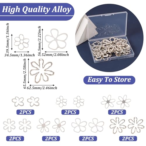 14Pcs Hollow Flower Charms Pendants Antique Silver Floral Connector Charms Flower Theme Alloy Open Back Bezel Frame Charm for UV Resin Pressed DIY Necklace Bracelet Jewelry Making
