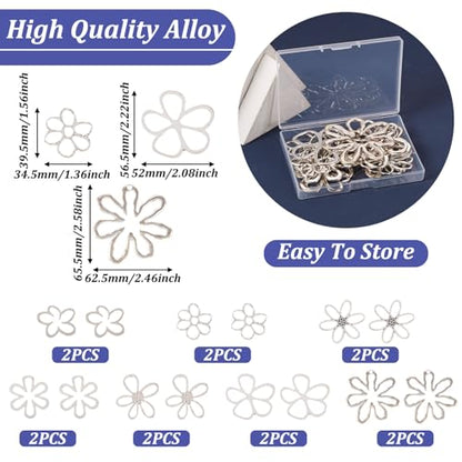 14Pcs Hollow Flower Charms Pendants Antique Silver Floral Connector Charms Flower Theme Alloy Open Back Bezel Frame Charm for UV Resin Pressed DIY Necklace Bracelet Jewelry Making