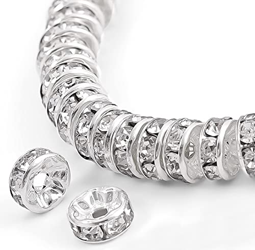 200Pcs 10mm Rondelle Spacer Beads Silver Plated Crystal Rhinestone for Jewelry Making Loose Beads for Bracelets - color: silver, size: 10mm