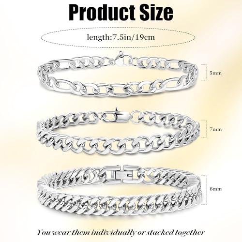 3PCS Stainless Steel Chain Bracelets for Men Women Gold Cuban Figaro Link Chain Bracelet Men's Curb Chain Bracelets Twisted Wrist Bracelets 7/7.5/8.3/9 Inches - color: Silver