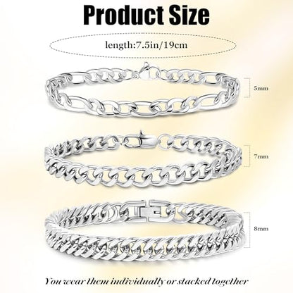 3PCS Stainless Steel Chain Bracelets for Men Women Gold Cuban Figaro Link Chain Bracelet Men's Curb Chain Bracelets Twisted Wrist Bracelets 7/7.5/8.3/9 Inches - color: Silver