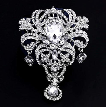 Extra LARGE Antique Vintage Art Deco Victorian Style Silver Tone Imitation Diamond Clear Rhinestone Statement Bridal Wedding Brooch Pin