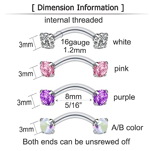 Rook Piercing Jewelry Rook Earrings for Women Eyebrow Rings Surgical Steel Vertical Labret Jewelry 16g 14g Curved Barbell Snug Daith Surface Tragus Piercing Jewelry Silver Gold - color: A3-4pcs-colorful diamond