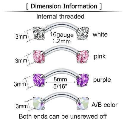 Rook Piercing Jewelry Rook Earrings for Women Eyebrow Rings Surgical Steel Vertical Labret Jewelry 16g 14g Curved Barbell Snug Daith Surface Tragus Piercing Jewelry Silver Gold - color: A3-4pcs-colorful diamond