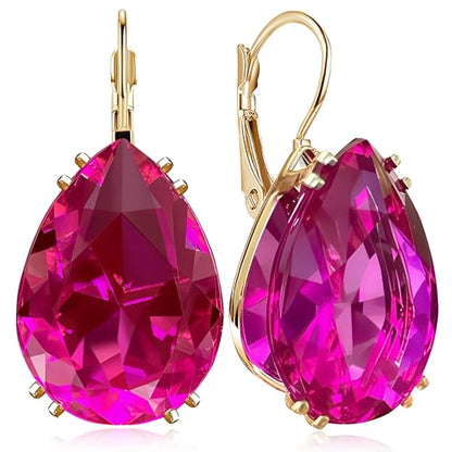 14K Gold Teardrop Crystal Leverback Earrings Sparkly Rhinestone Water Droplet Dangle Drop Earrings For Women - color: Rose Red