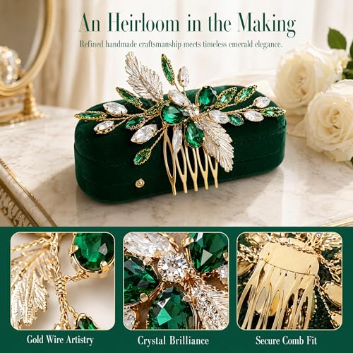 Emerald Green Hair Accessories for Women Crystal Leaf Bridal Side Comb Wedding Hair Piece with Gold Tone Design Elegant Clip for Prom Party Bridesmaid Formal Events