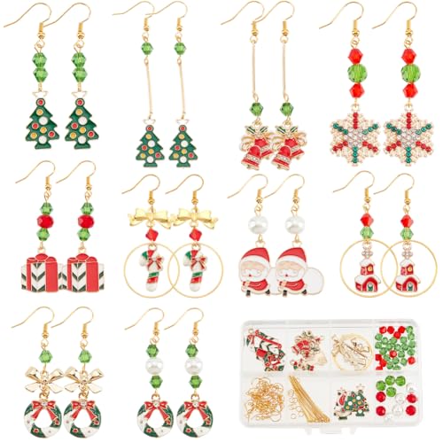 SUNNYCLUE 1 Box 10 Sets Christmas Earring Making Kit Gold Drop Dangle Earrings Christams Charm Enamel Snowflake Christmas Charms Glass Beads for Jewelry Making Kits Adult Women DIY Crafts Supplies - color: 1.2-diy-10 Pairs Christmas Enamel Earrings