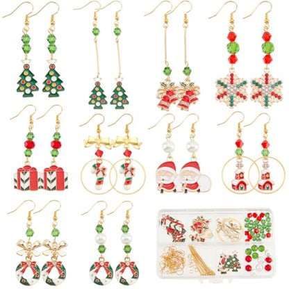 SUNNYCLUE 1 Box 10 Sets Christmas Earring Making Kit Gold Drop Dangle Earrings Christams Charm Enamel Snowflake Christmas Charms Glass Beads for Jewelry Making Kits Adult Women DIY Crafts Supplies - color: 1.2-diy-10 Pairs Christmas Enamel Earrings