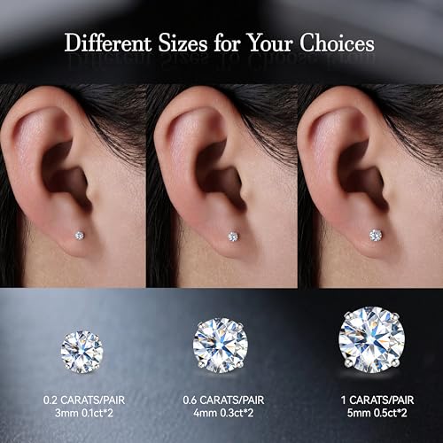 Limerencia Moissanite Internal Thread 18G Titanium Earrings, Hypoallergenic F136 Titanium Flat Back Piercing Studs, VVS1 Lab-created Moissanite Studs for Women Men Tragus Helix Cartilage Conch Labret - color: Silver, size: 5mm-1ct(0.5ct Each)
