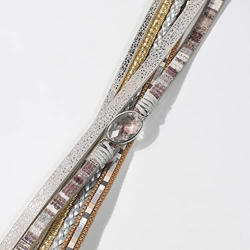 Vercret Leather Wrap Bracelet for Women, Multi-Layer Cuff Bangle | Boho Stacked Bracelets with Safe Clasp Western Bangle Jewelry Gift for Lady and Mom Sister Friend - style: Light Grey Leather Bracele