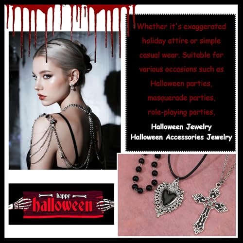 Gothic Necklaces for Women Cross Heart Pendant Layered Necklace Statement Jewelry Dark Romantic Gift for Halloween Parties - color: A:black