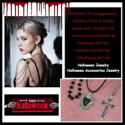 Gothic Necklaces for Women Cross Heart Pendant Layered Necklace Statement Jewelry Dark Romantic Gift for Halloween Parties - color: A:black