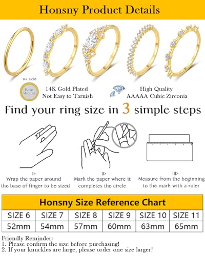 Honsny Stackable Gold Rings for Women Non Tarnish Engagement Wedding Bands | 18K Gold Plated, Cubic Zirconia Stacking Rings, Thumb Ring Set, Thin Eternity Promise Wedding Bands, Size 6 7 8 9 10 11 - color: Gold 1