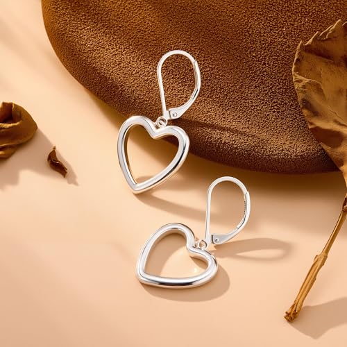 14K Gold Plated 925 Sterling Silver Openwork Love Heart Dangle Earrings, Leverback Huggie Hoop Hypoallergenic Trendy Earrings for Women - color: 925 Silver-B