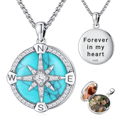 Compass Necklace for Women Men 925 Sterling Silver Pendant Urn Necklaces for Ashes Picture Locket Necklace Anchor Necklace Viking Necklace Crystals CZ Moonstone Abalone Shell Turquoise Compass Jewelry - color: Q-C-Compass Picture Locket, style: Locket