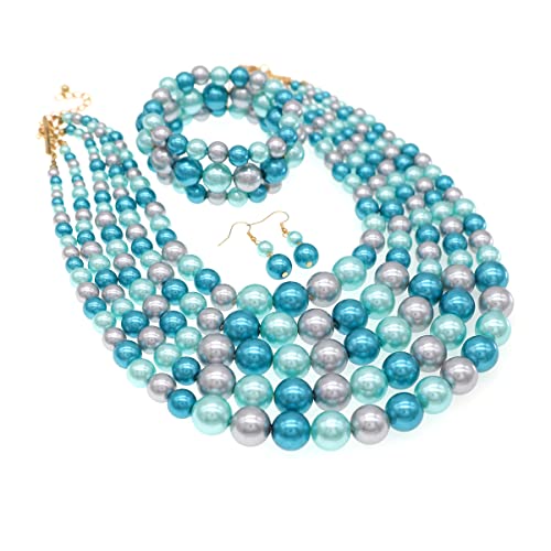 JNF Large Faux Pearl Necklaces for Women Multi strand Pearl Necklace Bracelet and Earrings Set 1920s Costume Pearls Necklace Jewelry Accessories - color: pearl necklace set blue
