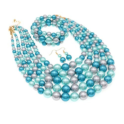 JNF Large Faux Pearl Necklaces for Women Multi strand Pearl Necklace Bracelet and Earrings Set 1920s Costume Pearls Necklace Jewelry Accessories - color: pearl necklace set blue