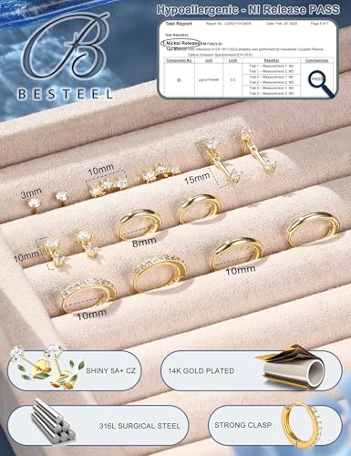 BESTEEL 7Pairs Hypoallergenic Gold Plated Earrings for Women Earring Stacks | Trendy Small Stud Huggie Hoop Earring Stacks Set Surgical Steel Cartilage Helix Jewelry for Sensitive Ears Birthday Gifts - style: G - Small