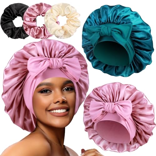 2+3 Large Satin Bonnets with Scrunchies for Women, Hair Bonnet Sleeping Tie Bonnet for Braids Curly Hair - color: F - Rose Gold, Teal