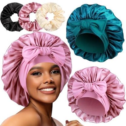 2+3 Large Satin Bonnets with Scrunchies for Women, Hair Bonnet Sleeping Tie Bonnet for Braids Curly Hair - color: F - Rose Gold, Teal