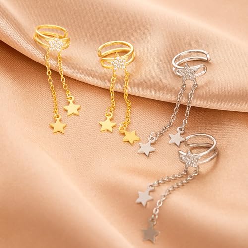 Dainty Star Tassel Dangle Ear Cuff Cartilage Clip On Earrings for Women 925 Sterling Silver Cubic Zirconia Crystal Small Huggie Hoops Chain Link Drop Dangling Layered Wrap Earring Fashion Birthday Jewelry Gifts Hypoallergenic Clips - color: Silver