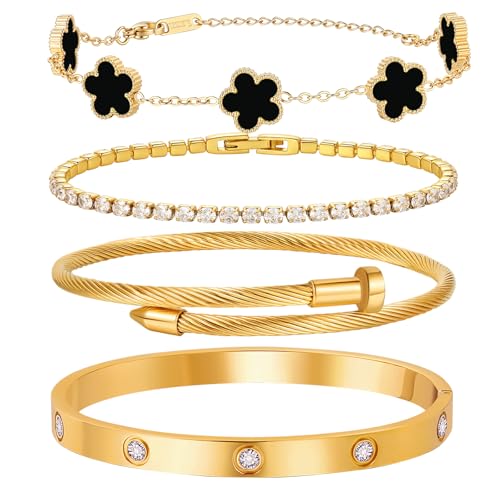 18 K Gold Plated Love Bangle Bracelet Stack for Women,Set of 4 Floral Clover Chain, Tennis Crystal &Gold Stackable Bangle Bracelet -Adjustable Layered Jewelry Gift for Wife Valentines Mother's Day-MVCOLEDY - color: Black