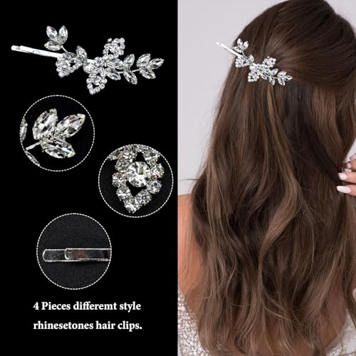 4 Pieces Rhinestone Hair Clips Leaf Wedding Hair Pins Crystal Bobby Pins Silver Bridal Hairpin Barrette for Brides Bridesmaids Flower Girls - color: Silver