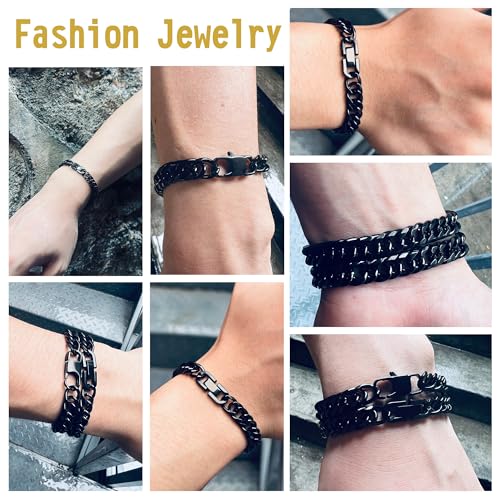 2PCS Cuban Link Bracelet, Silver Gold Black Sturdy 316L Stainless Steel Cuban Link Chain for Men Jewelry Set with Gift Message Card 8mm, 7/8/9 Inches - color: Black, size: 9 inches
